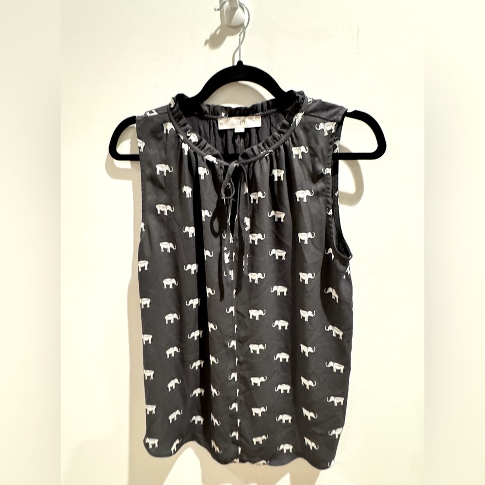 LOFT Boho Hippie Indian Elephant Blouse Top Sleeve Gray Bow Women Size M